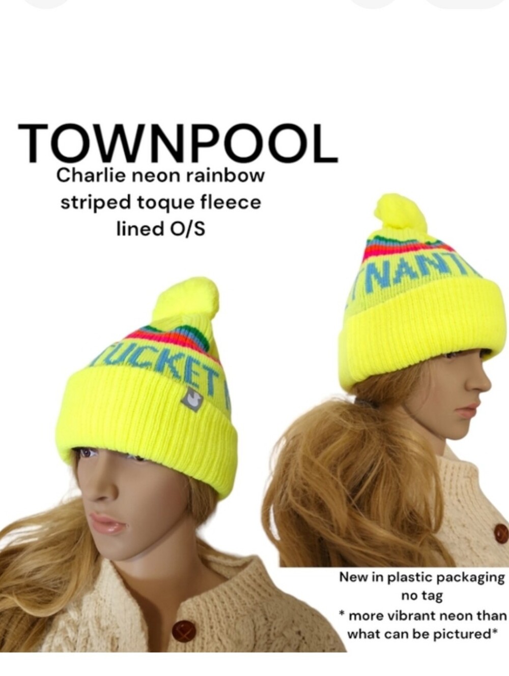 TownPool Charlie Nantucket bright neon yellow rainbow striped toque fleece lined